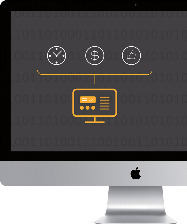 Image of a computer with icons representing combining data in one visualisation