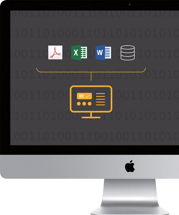Image of a computer with icons representing combining data in one visualisation