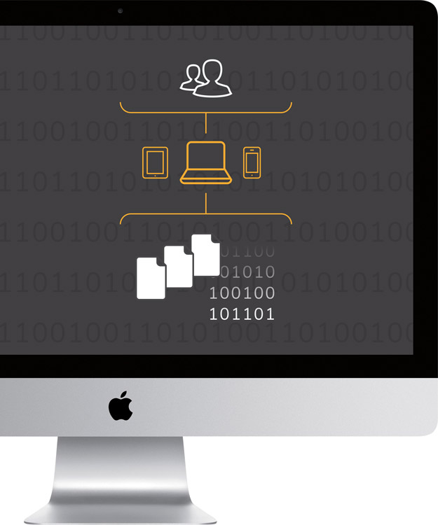 Image of a computer with icons representing contracts and data software